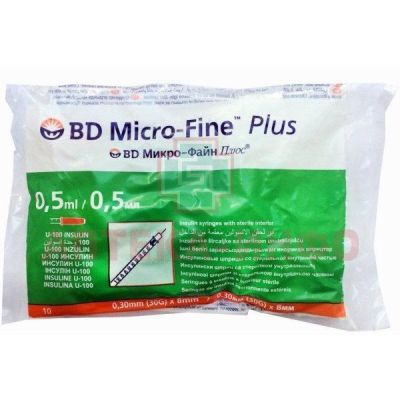 Шприц инсулиновый Micro-Fine + с иглой 0,5мл U-100 0,30х8мм №10 Becton Dickinson/США