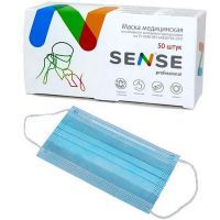 Маска медицинская SENSE трехслойная на резинке с нос. фиксатором №50 голубая Маска/Россия