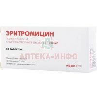 Эритромицин таб. кишечнораств. п/пл. об. 250мг №20 АВВА РУС/Россия