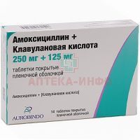 Амоксициллин+[Клавулановая кислота] таб. п/пл. об. 250мг + 125мг №14 Aurobindo Pharma/Индия
