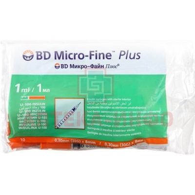 Шприц инсулиновый Micro-Fine+ с иглой 1мл U-100 31G (3-х комп.) игла (0,25 х 6мм) №10 Becton Dickinson/США