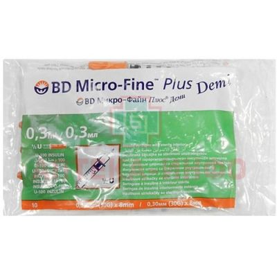 Шприц инсулиновый Micro-Fine + с иглой 0,3мл U-100 30G (0,30х8мм) №10 Becton Dickinson/Испания